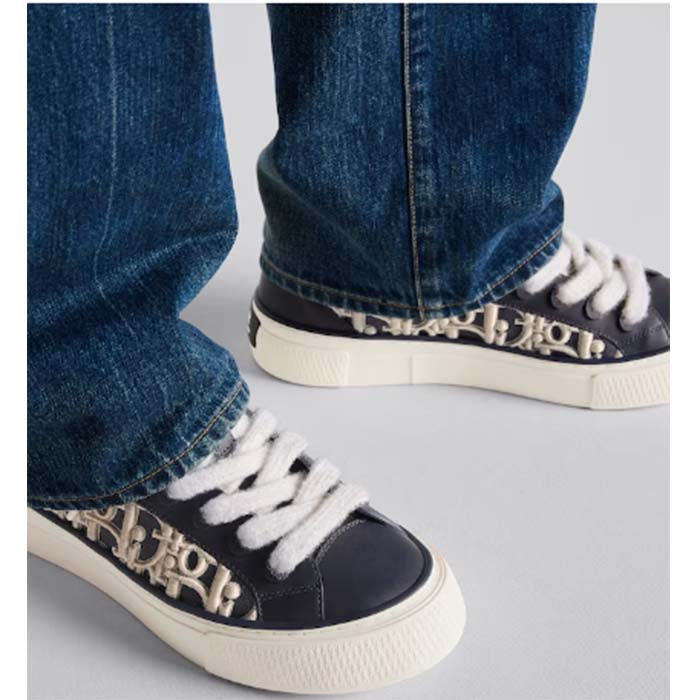 Dior Unisex CD B33 Sneaker Navy Blue Smooth Calfskin Cream Oblique Raised Embroidery
