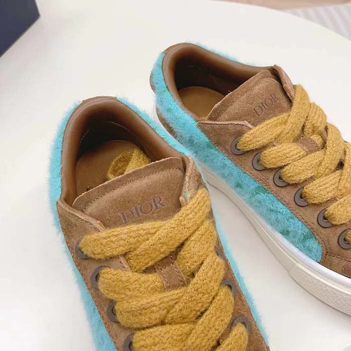 Dior Unisex CD Digital Twin Collectible B33 Sneaker Turquoise Dior Oblique Mohair Brown Suede