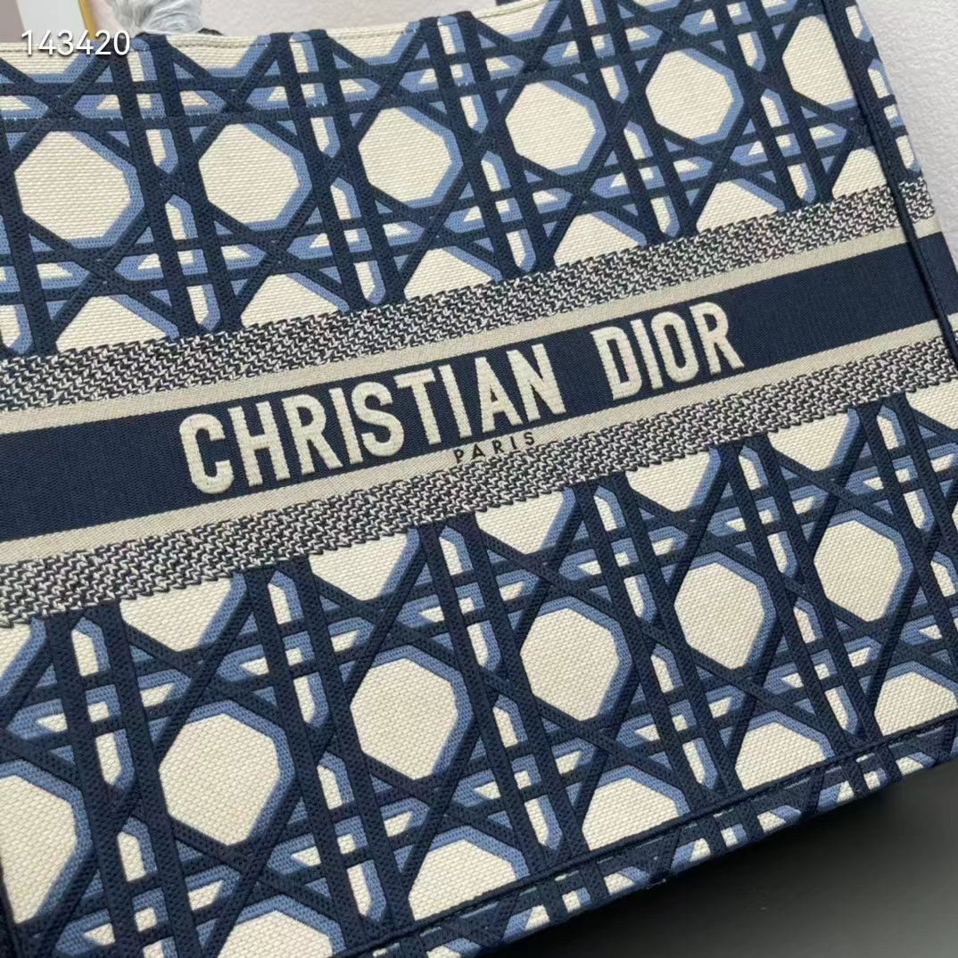 Dior Unisex CD Large Dior Book Tote Beige Blue Macrocannage Embroidery