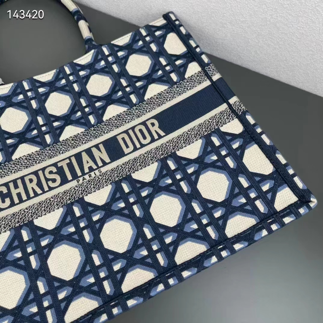 Dior Unisex CD Large Dior Book Tote Beige Blue Macrocannage Embroidery