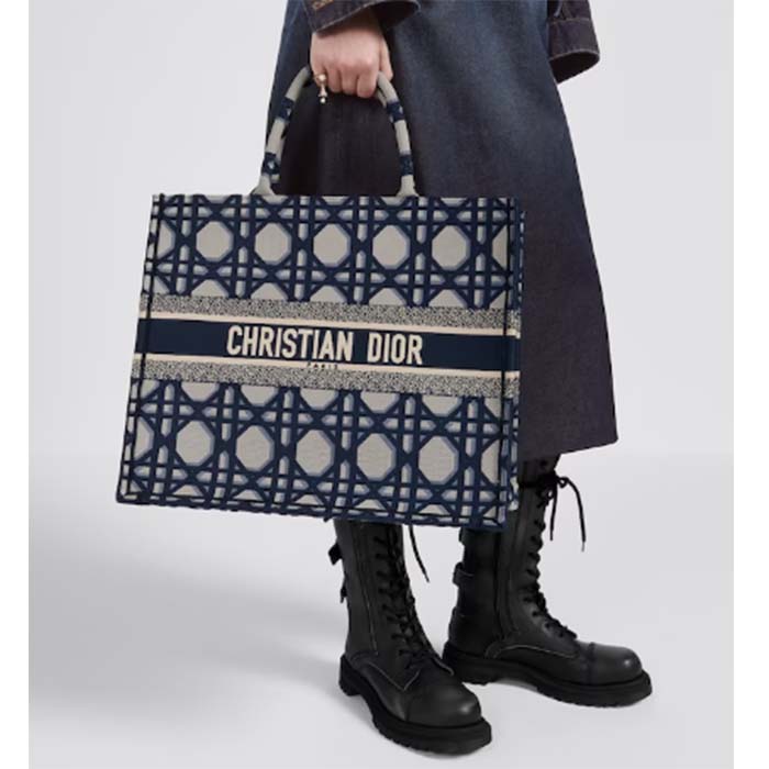 Dior Unisex CD Large Dior Book Tote Beige Blue Macrocannage Embroidery