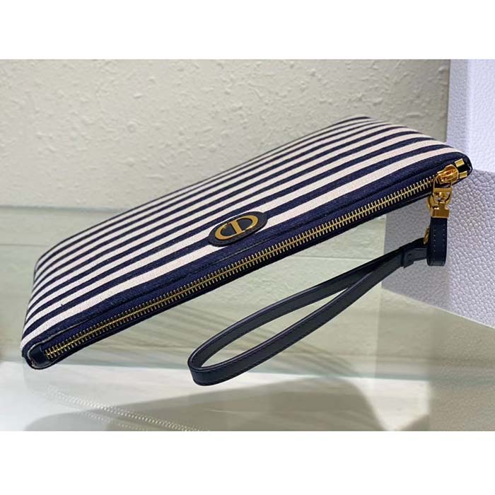 Dior Unisex CD Large Dior Caro Daily Pouch Natural Denim Blue Marinière Raffia