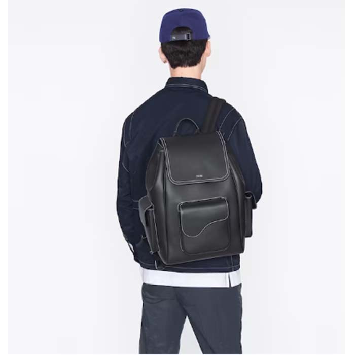 Dior Unisex CD Saddle Backpack Black Grained Calfskin Leather Flap Drawstring Closure
