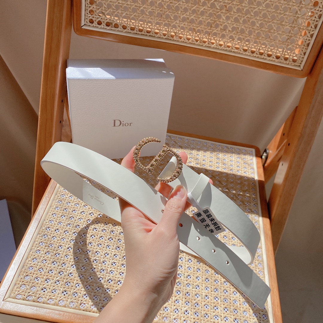 Dior Unisex CD Saddle Belt Latte Ultrasmooth Calfskin White Crystals 20 MM Width