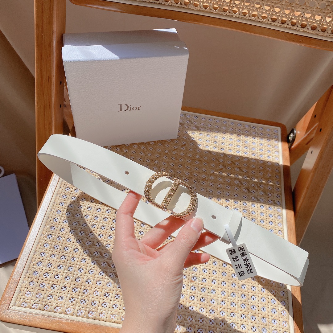 Dior Unisex CD Saddle Belt Latte Ultrasmooth Calfskin White Crystals 20 MM Width