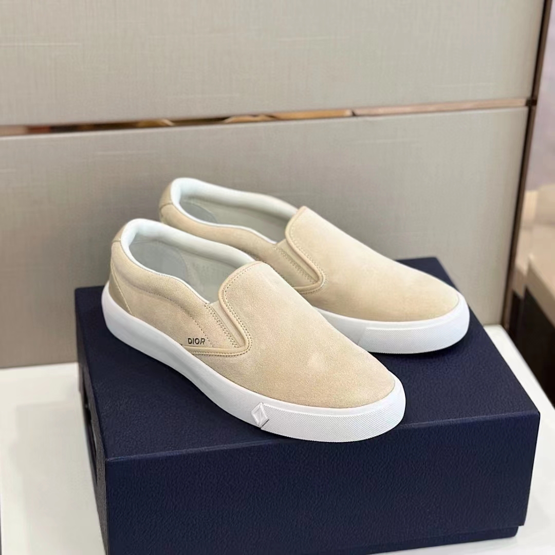 Dior Unisex CD Shoes B101 Slip-On Sneaker Beige Suede Smooth Calfskin