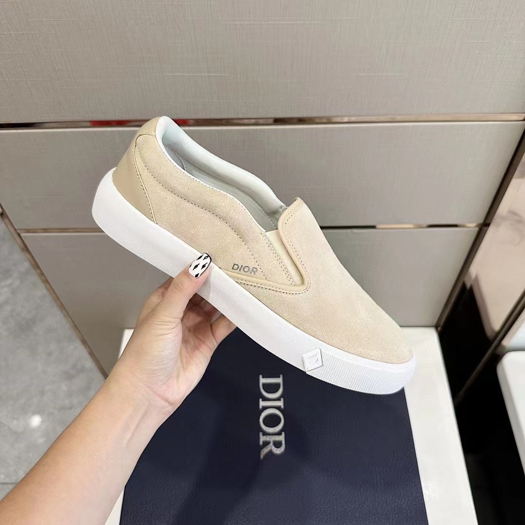 Dior Unisex CD Shoes B101 Slip-On Sneaker Beige Suede Smooth Calfskin
