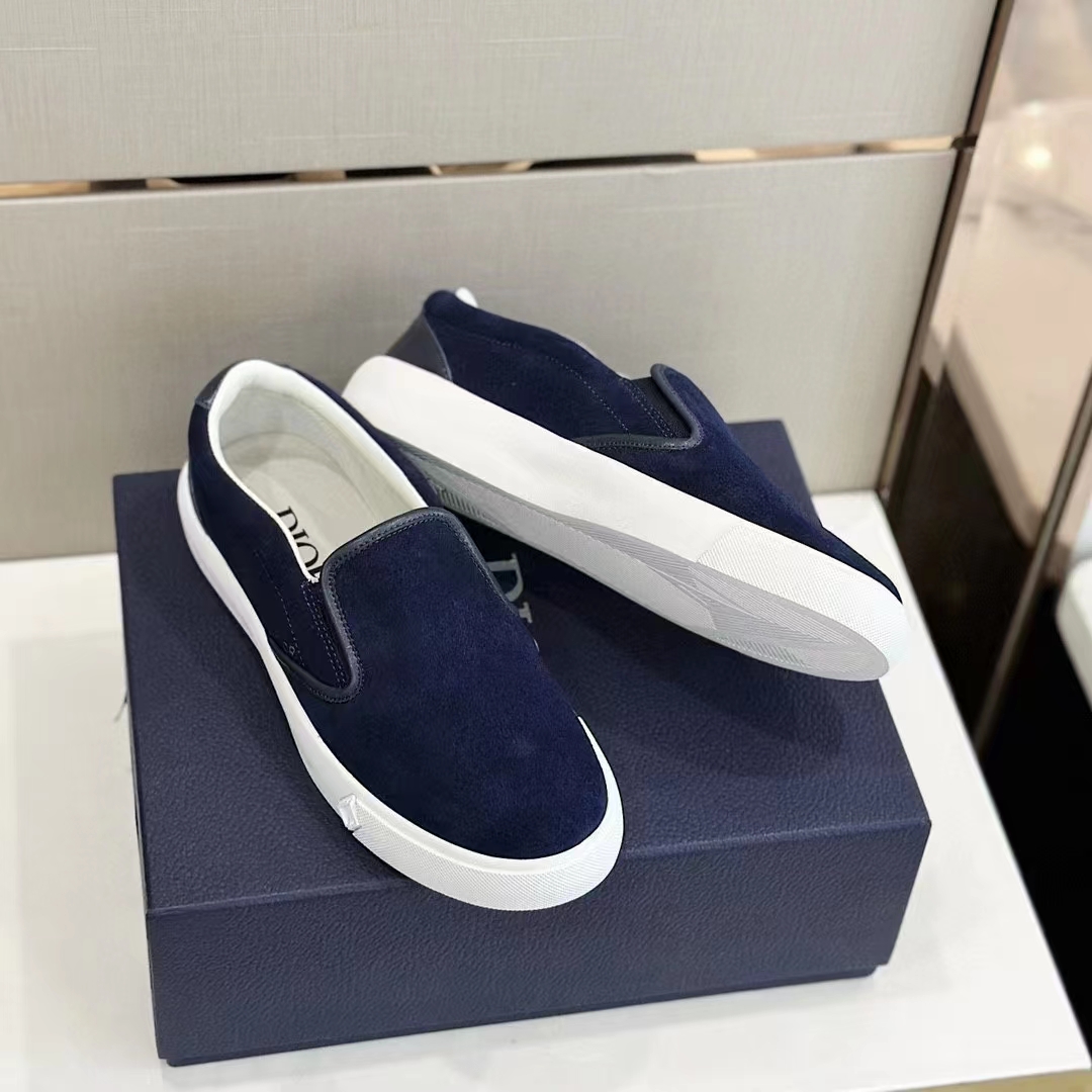 Dior Unisex CD Shoes B101 Slip-On Sneaker Navy Blue Suede Smooth Calfskin
