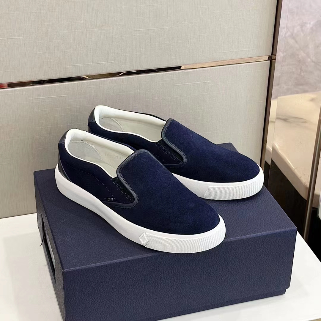 Dior Unisex CD Shoes B101 Slip-On Sneaker Navy Blue Suede Smooth Calfskin