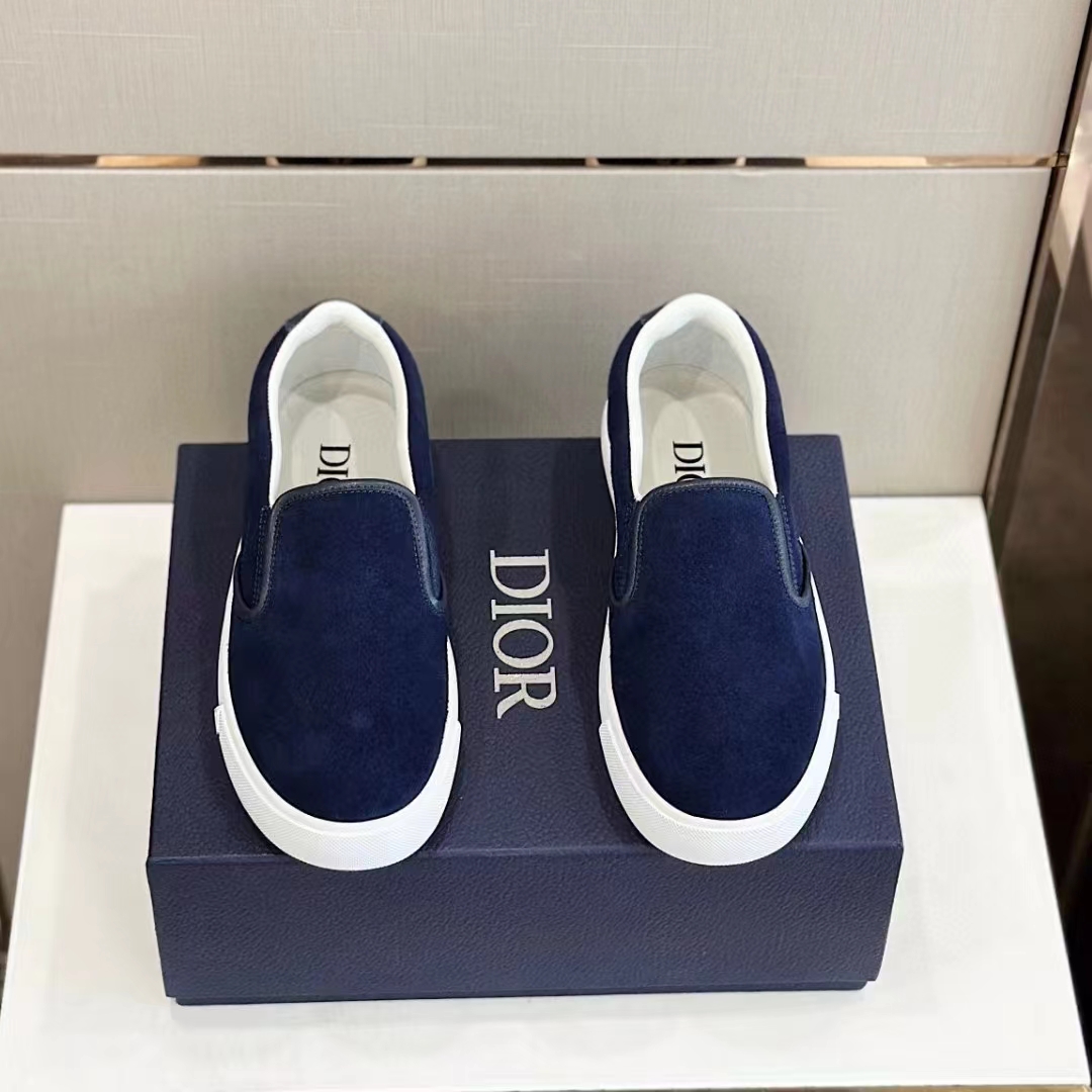 Dior Unisex CD Shoes B101 Slip-On Sneaker Navy Blue Suede Smooth Calfskin