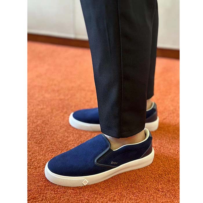 Dior Unisex CD Shoes B101 Slip-On Sneaker Navy Blue Suede Smooth Calfskin