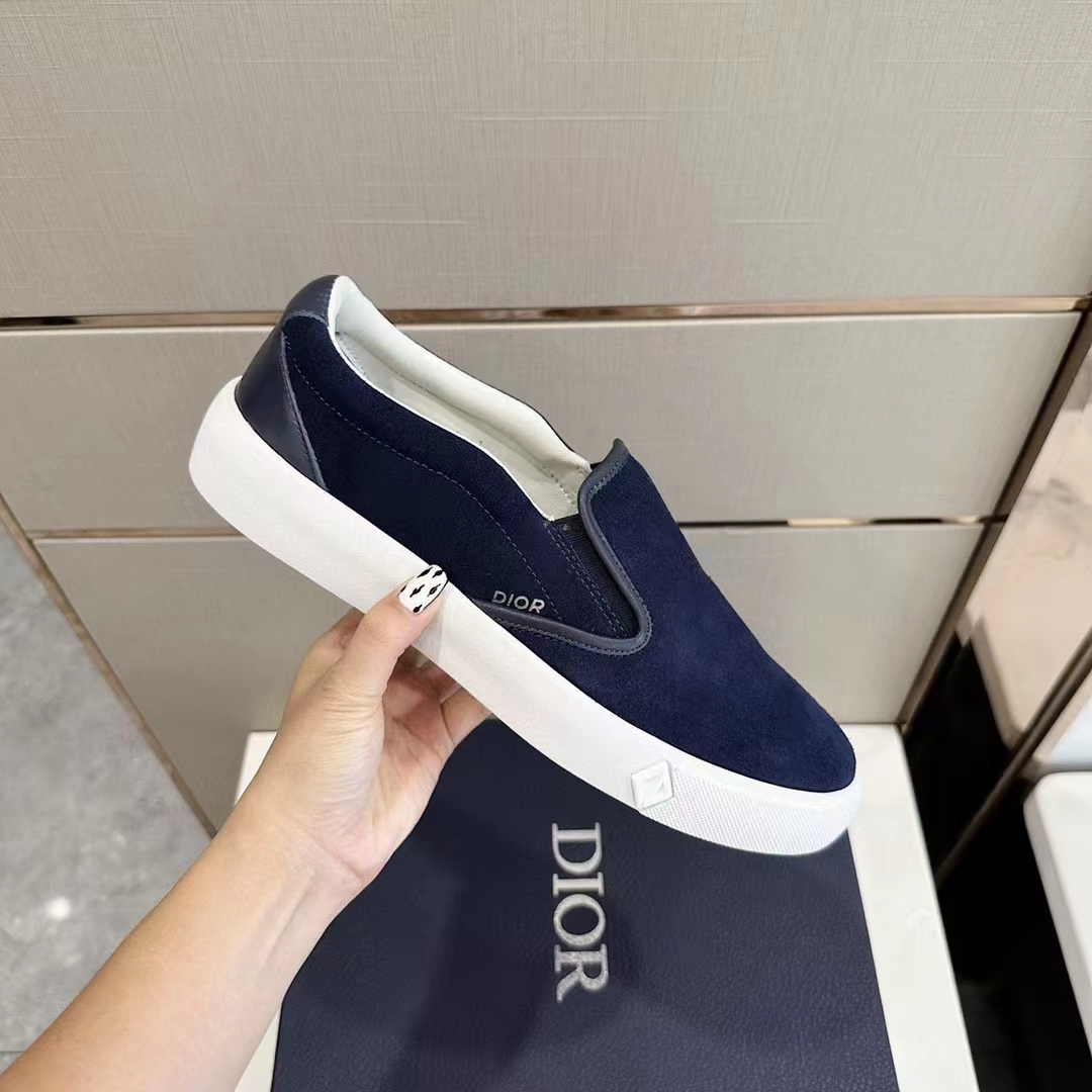 Dior Unisex CD Shoes B101 Slip-On Sneaker Navy Blue Suede Smooth Calfskin