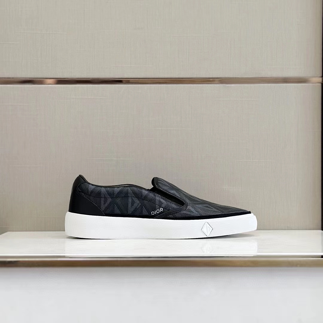 Dior Unisex Shoes B101 Slip-On Sneaker Black CD Diamond Canvas Smooth Calfskin