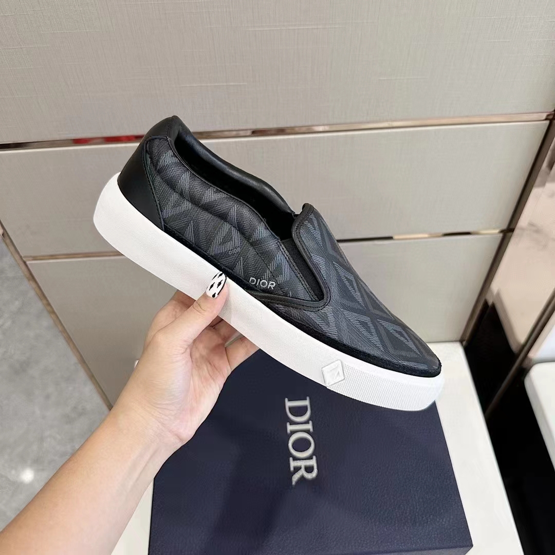 Dior Unisex Shoes B101 Slip-On Sneaker Black CD Diamond Canvas Smooth Calfskin
