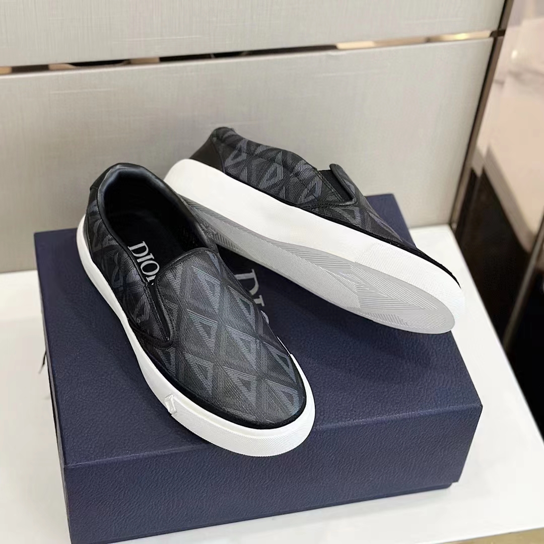 Dior Unisex Shoes B101 Slip-On Sneaker Black CD Diamond Canvas Smooth Calfskin