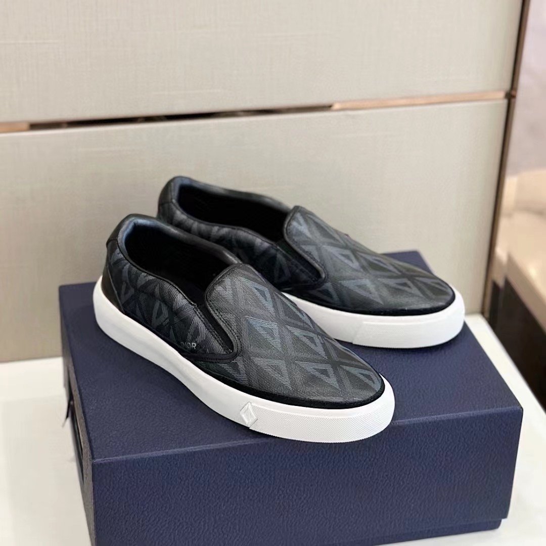 Dior Unisex Shoes B101 Slip-On Sneaker Black CD Diamond Canvas Smooth Calfskin