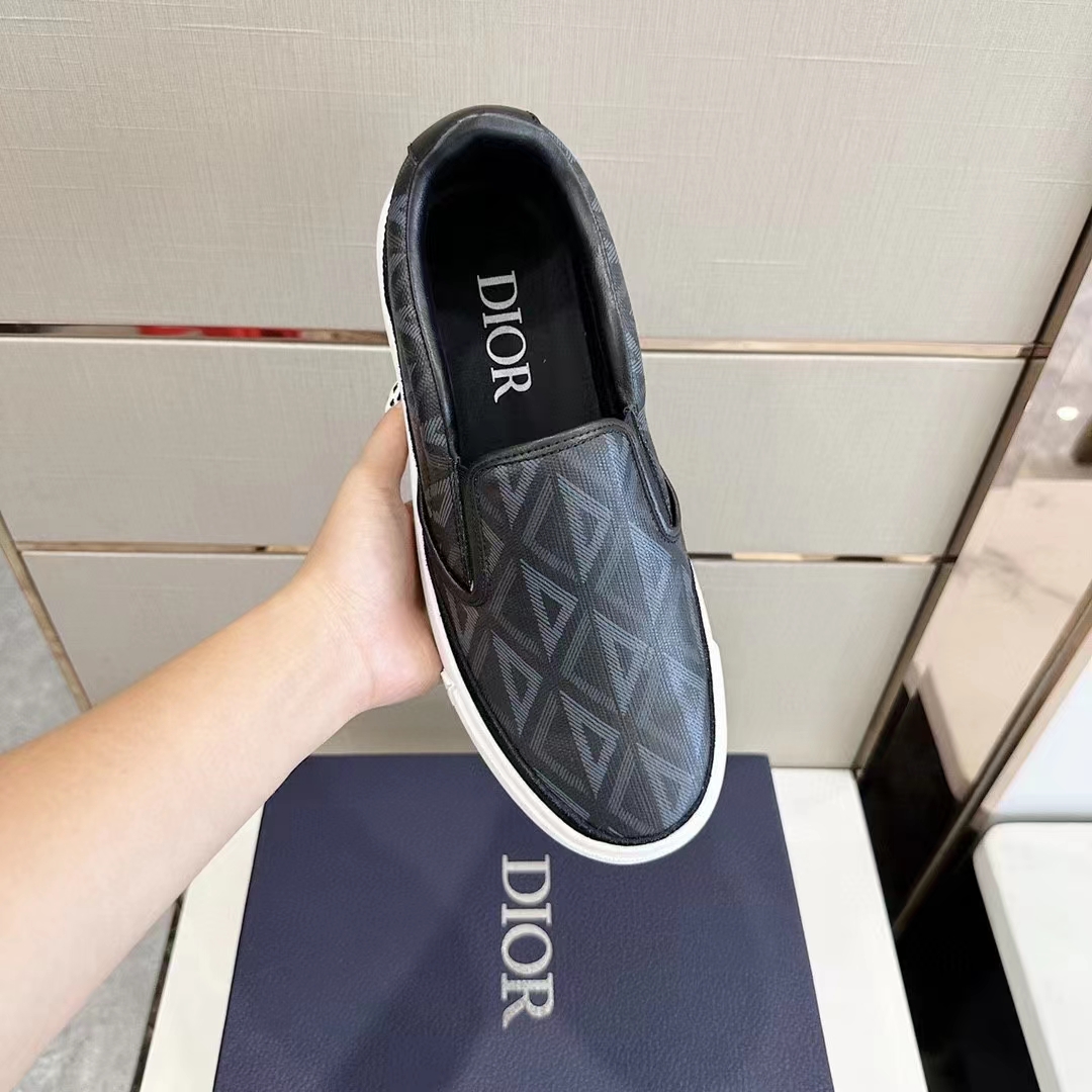 Dior Unisex Shoes B101 Slip-On Sneaker Black CD Diamond Canvas Smooth Calfskin