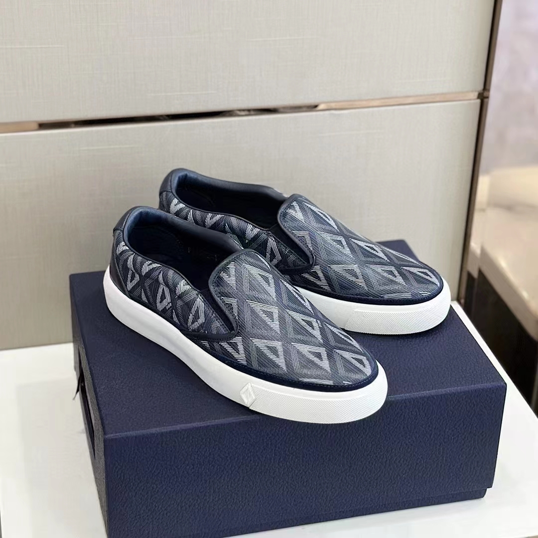 Dior Unisex Shoes B101 Slip-On Sneaker Navy Blue CD Diamond Canvas Smooth Calfskin