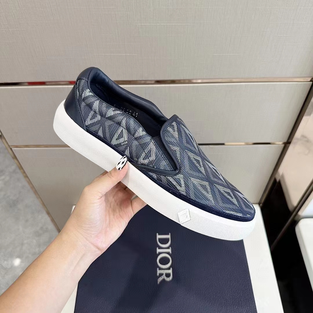 Dior Unisex Shoes B101 Slip-On Sneaker Navy Blue CD Diamond Canvas Smooth Calfskin
