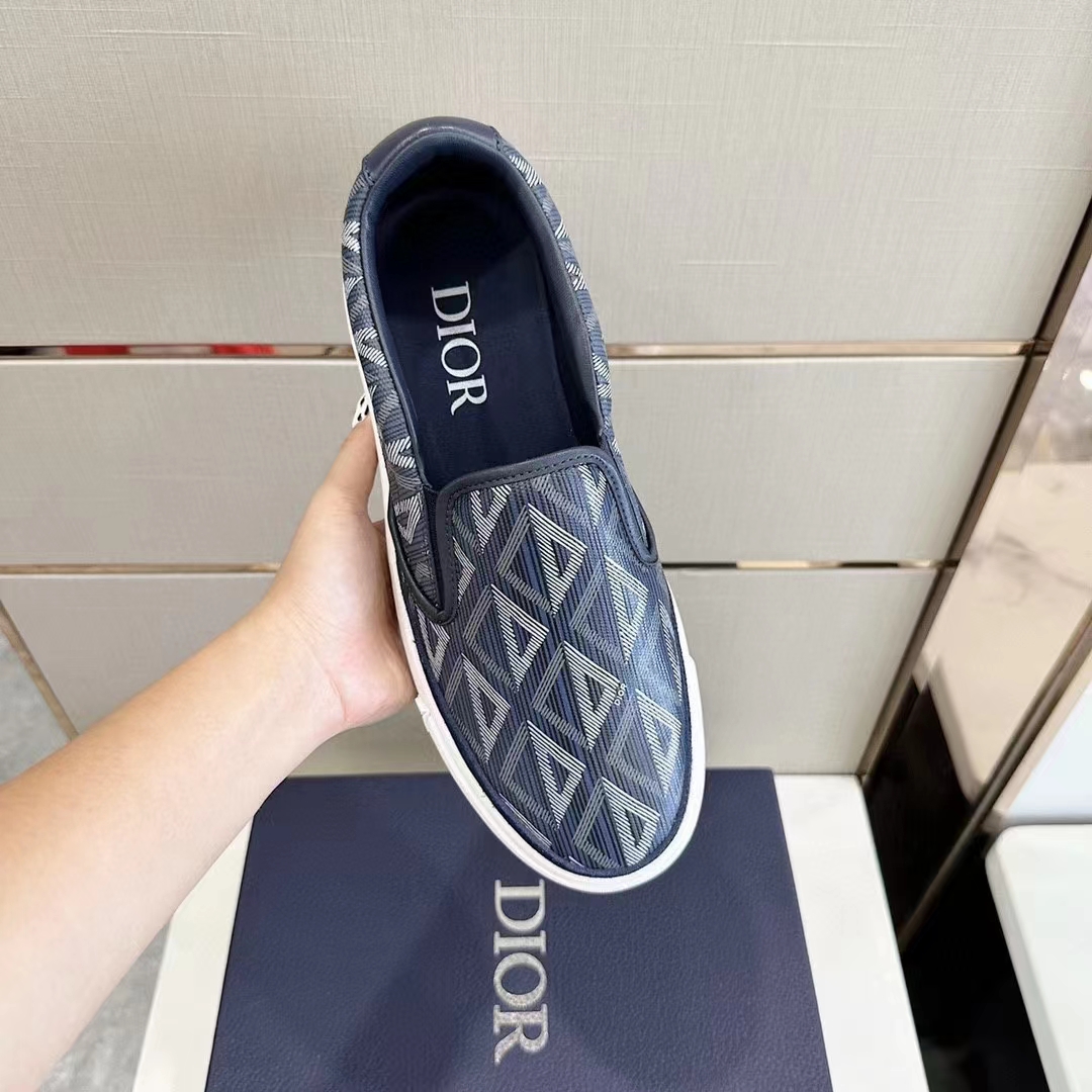 Dior Unisex Shoes B101 Slip-On Sneaker Navy Blue CD Diamond Canvas Smooth Calfskin