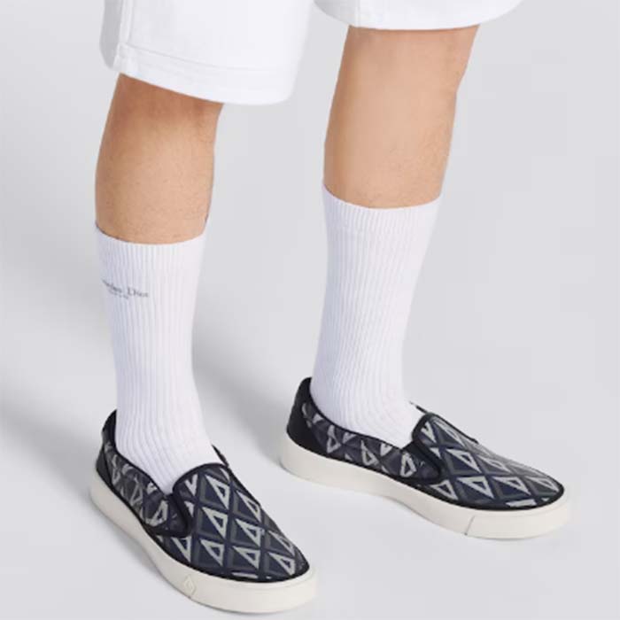 Dior Unisex Shoes B101 Slip-On Sneaker Navy Blue CD Diamond Canvas Smooth Calfskin