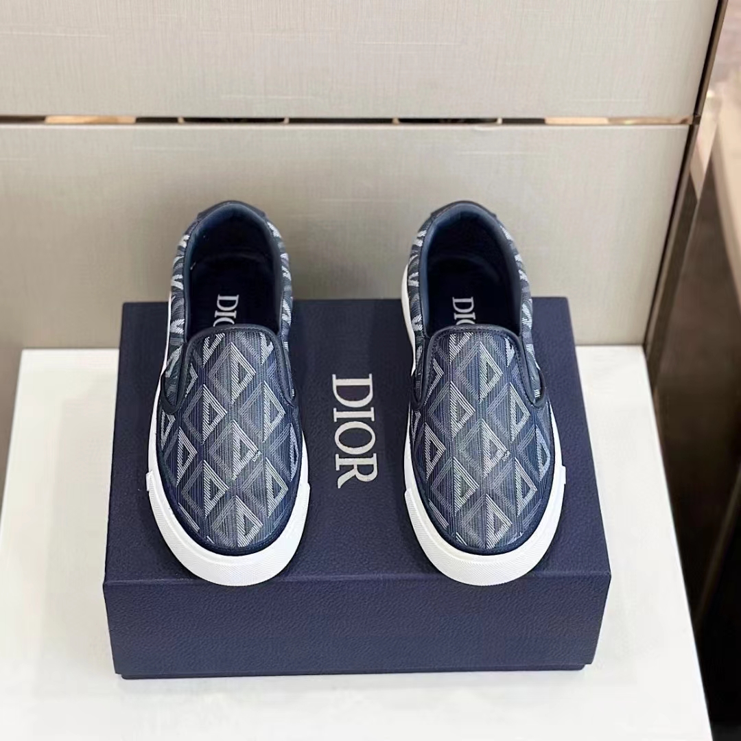 Dior Unisex Shoes B101 Slip-On Sneaker Navy Blue CD Diamond Canvas Smooth Calfskin