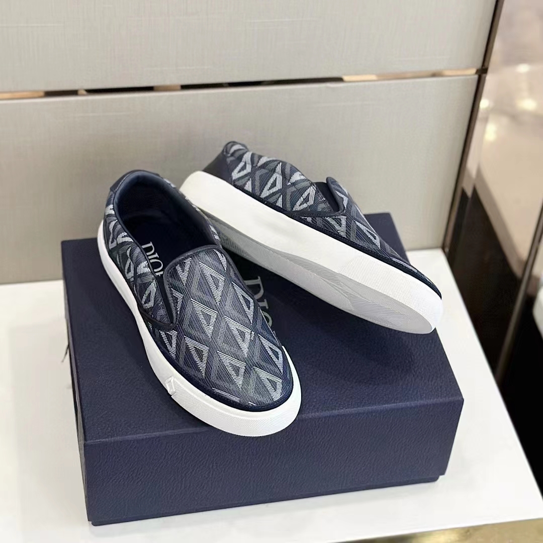 Dior Unisex Shoes B101 Slip-On Sneaker Navy Blue CD Diamond Canvas Smooth Calfskin