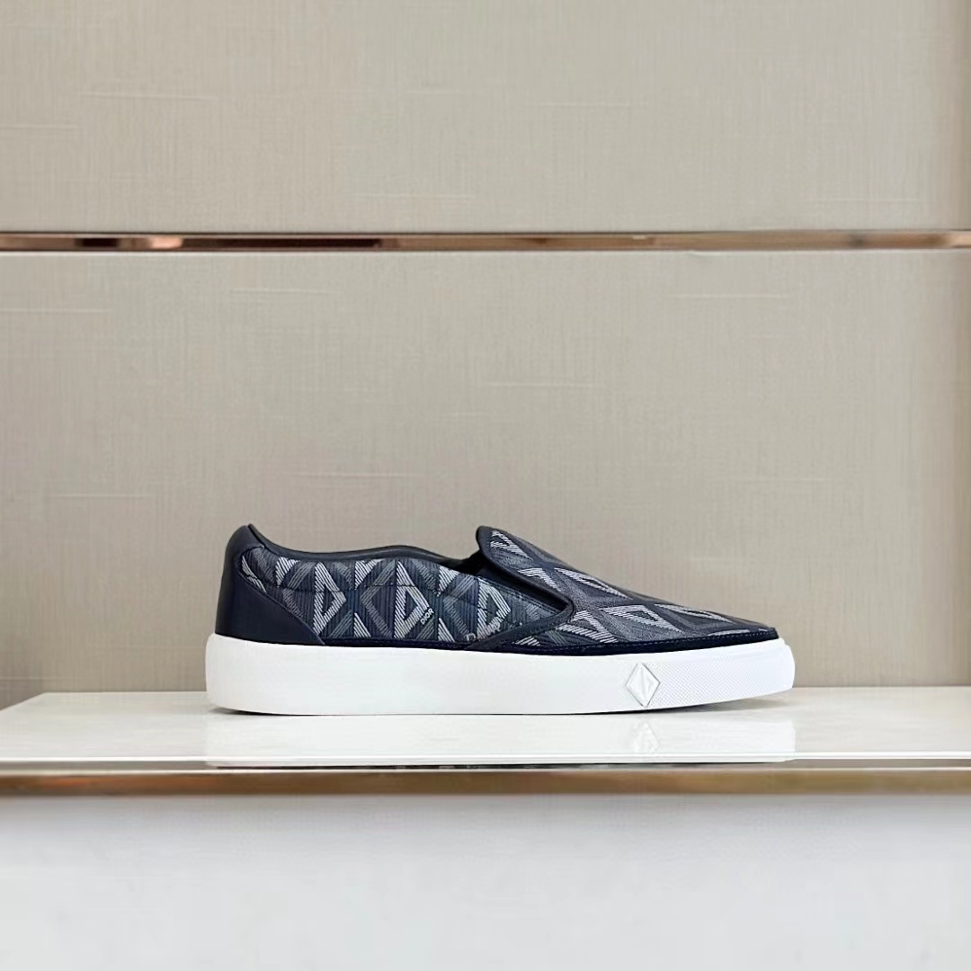 Dior Unisex Shoes B101 Slip-On Sneaker Navy Blue CD Diamond Canvas Smooth Calfskin