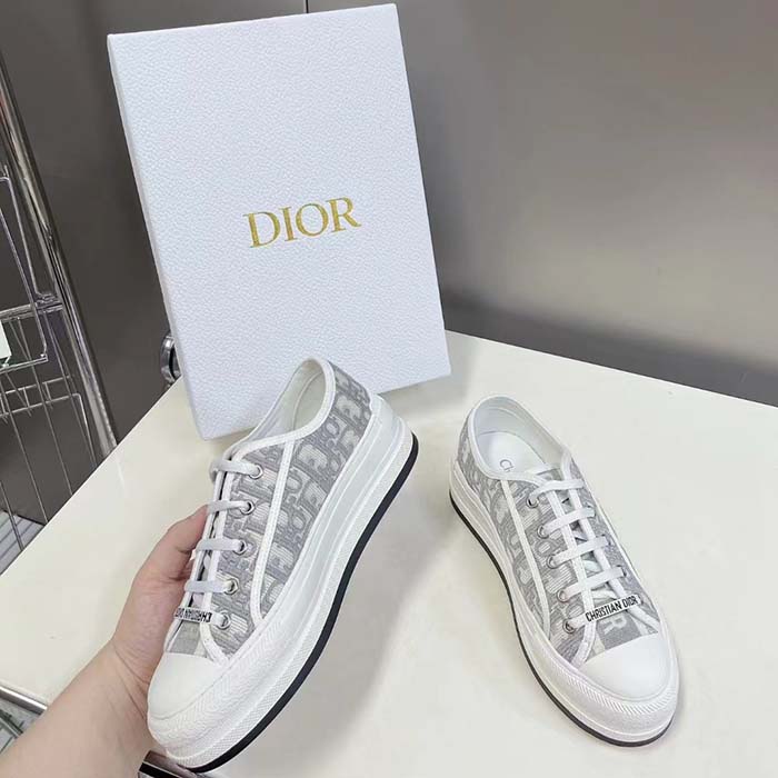 Dior Unisex Shoes CD Walk’N’Dior Sneaker Stone Gray Dior Oblique Embroidered Cotton