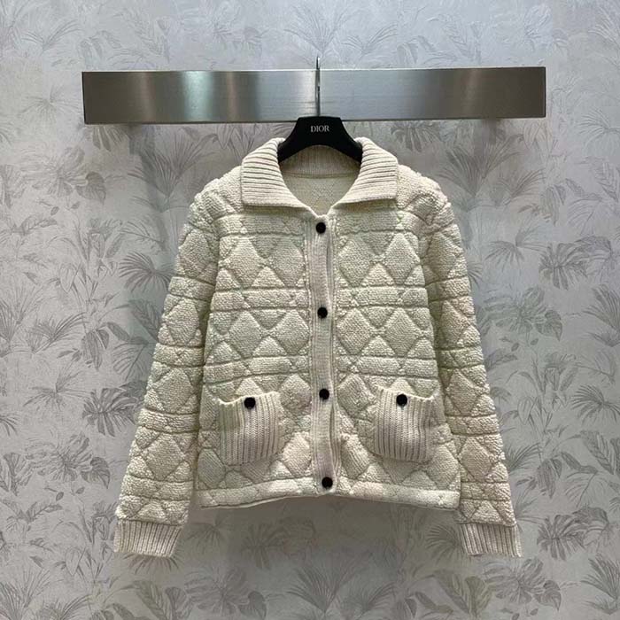 Dior Women CD Cannage Jacket White Technical Wool Cashmere Knit Horn Buttons