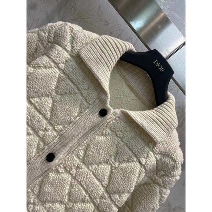 Dior Women CD Cannage Jacket White Technical Wool Cashmere Knit Horn Buttons