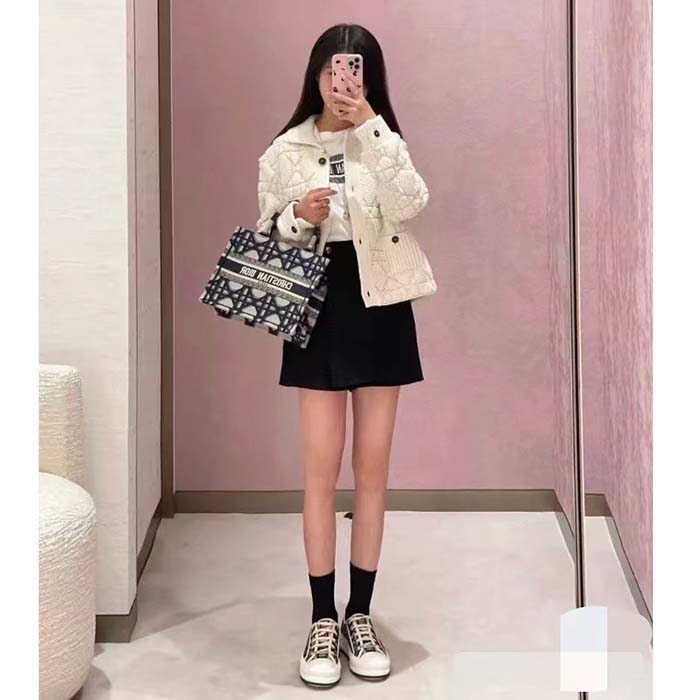 Dior Women CD Cannage Jacket White Technical Wool Cashmere Knit Horn Buttons
