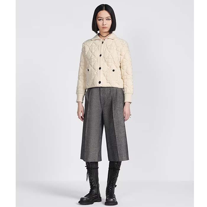 Dior Women CD Cannage Jacket White Technical Wool Cashmere Knit Horn Buttons