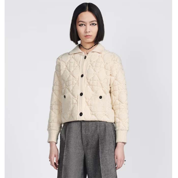 Dior Women CD Cannage Jacket White Technical Wool Cashmere Knit Horn Buttons
