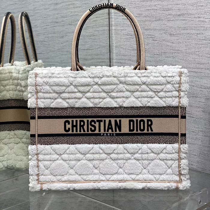 Dior Women CD Medium Book Tote Ice Cannage Shearling Christian Dior Paris Signature