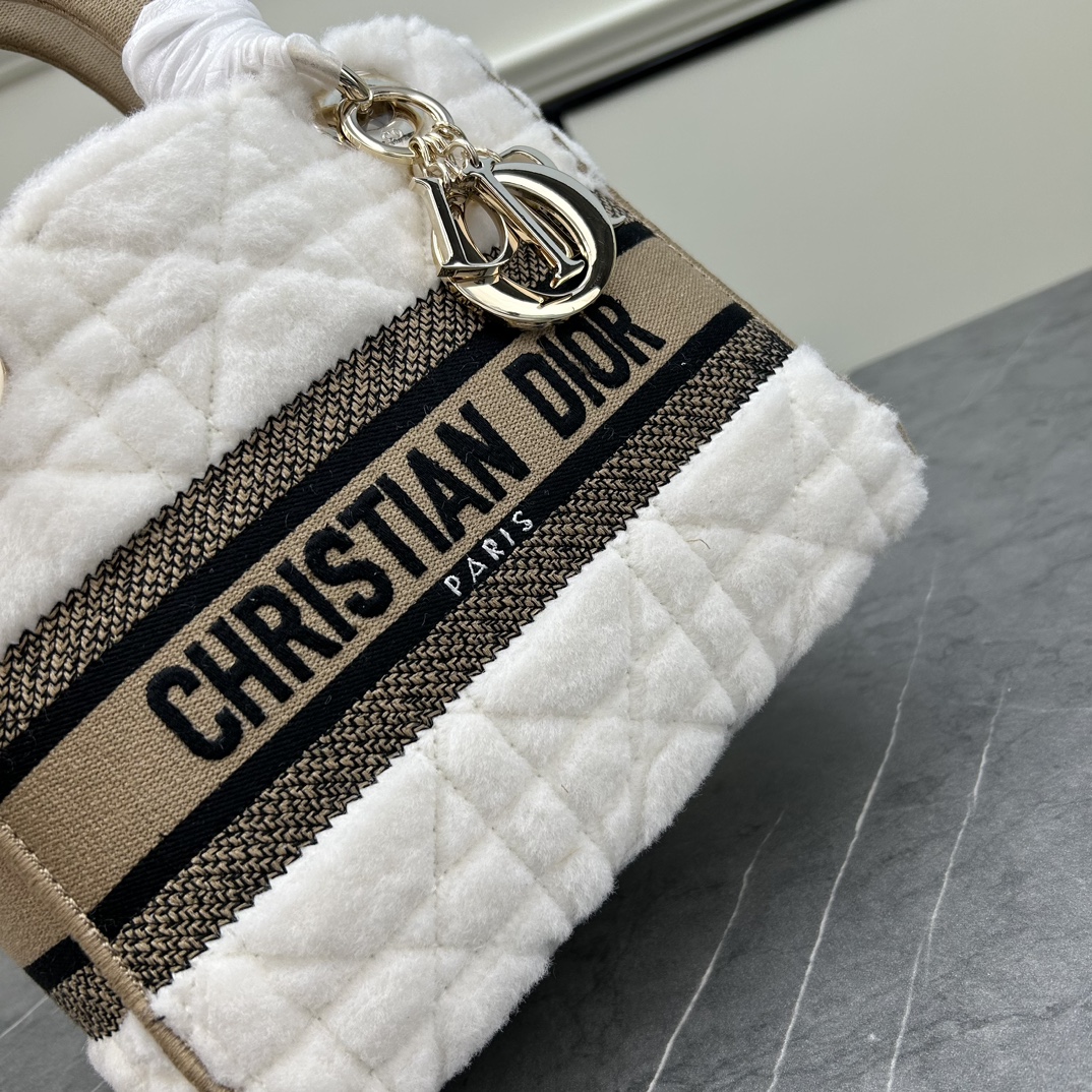 Dior Women CD Medium Lady D-Lite Bag Ice Cannage Shearling Interior Zip Large Patch Pocket