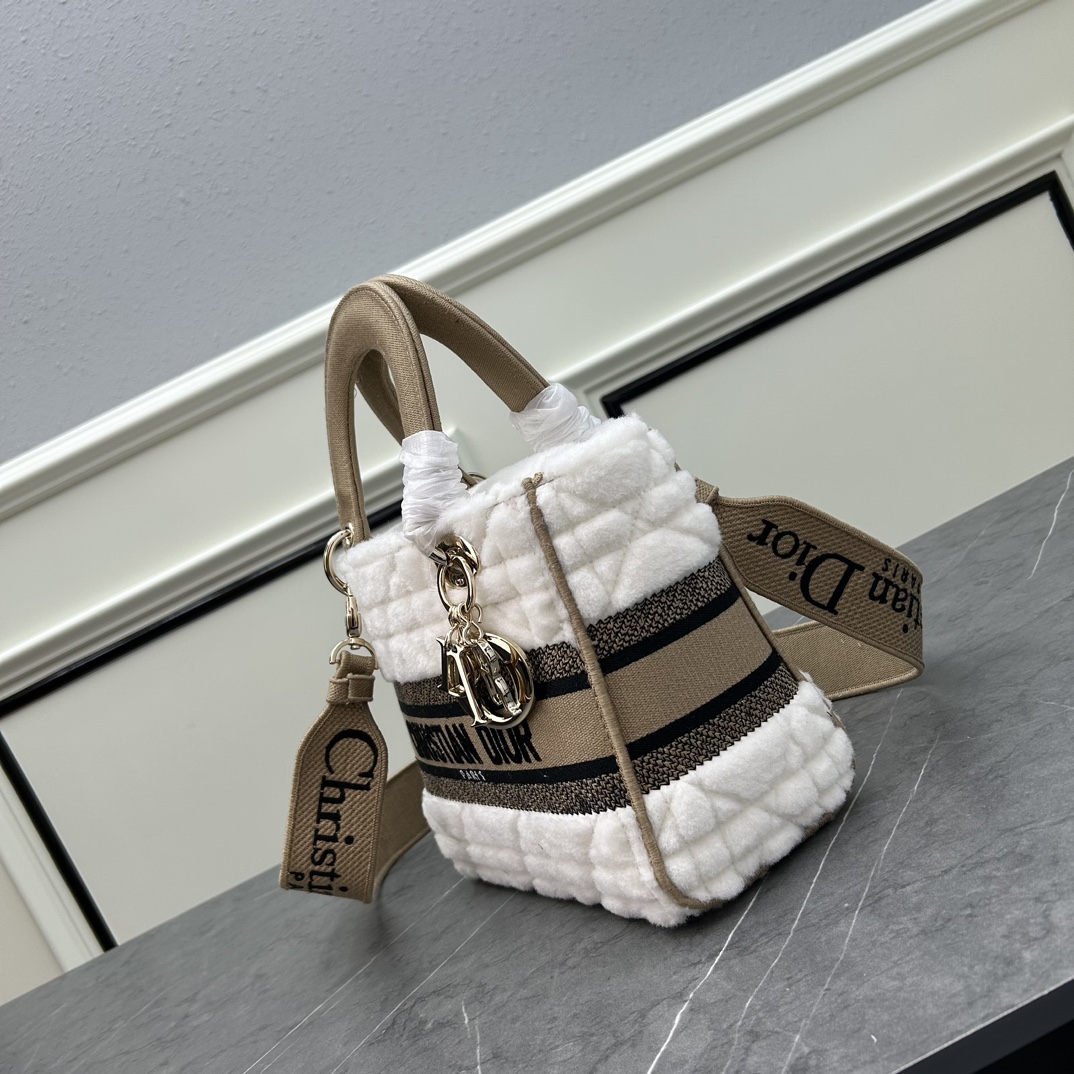Dior Women CD Medium Lady D-Lite Bag Ice Cannage Shearling Interior Zip Large Patch Pocket