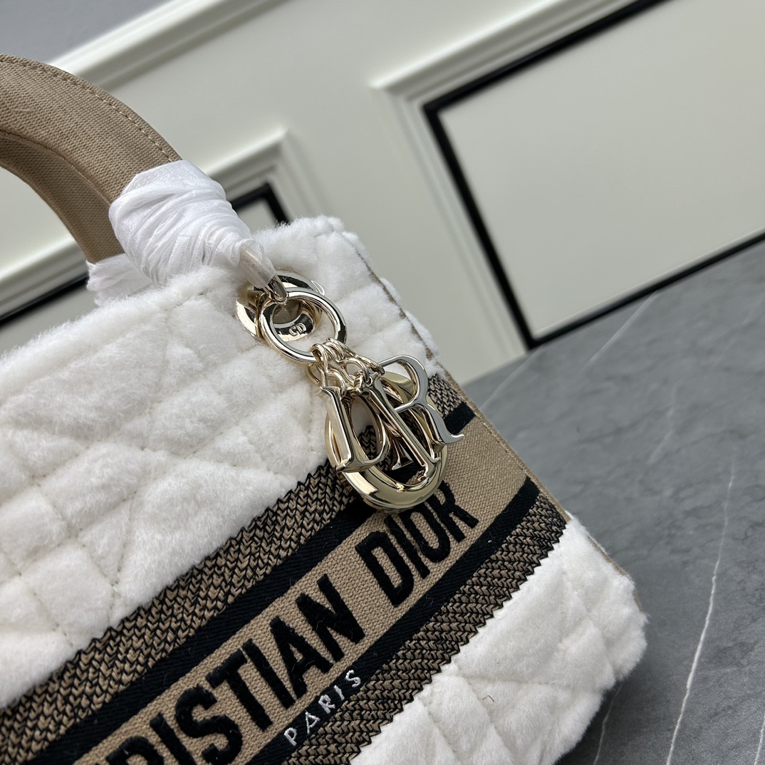 Dior Women CD Medium Lady D-Lite Bag Ice Cannage Shearling Interior Zip Large Patch Pocket