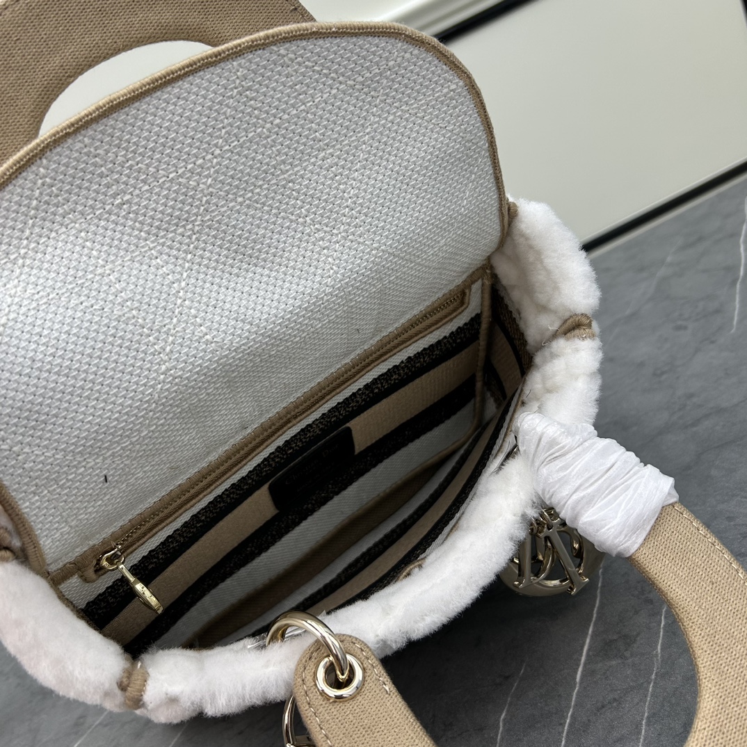 Dior Women CD Medium Lady D-Lite Bag Ice Cannage Shearling Interior Zip Large Patch Pocket