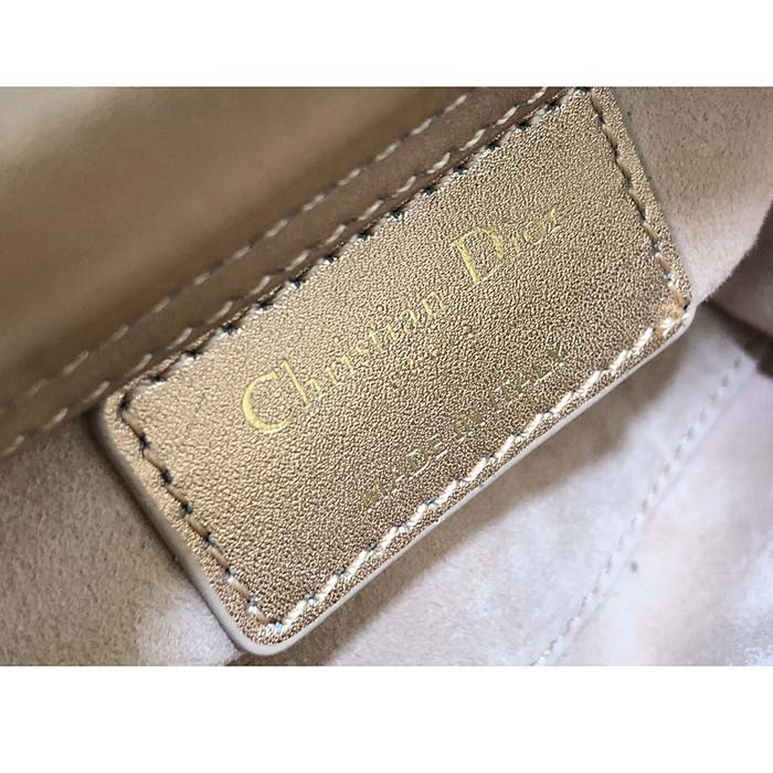 Dior Women CD Mini Lady Bag Caramel Beige Cannage Cotton Embroidered Micropearls
