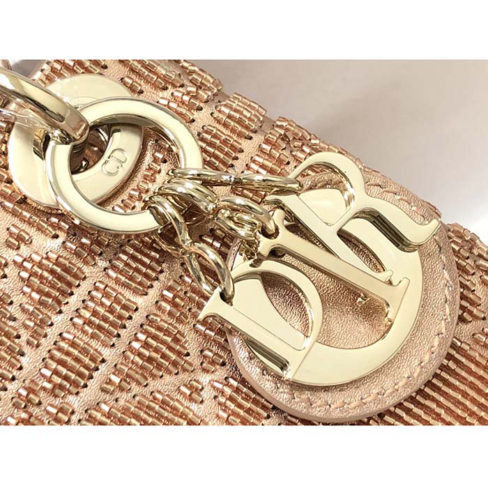 Dior Women CD Mini Lady Bag Caramel Beige Cannage Cotton Embroidered Micropearls