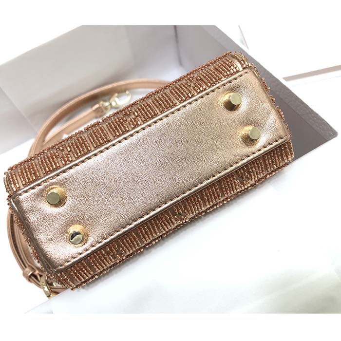 Dior Women CD Mini Lady Bag Caramel Beige Cannage Cotton Embroidered Micropearls