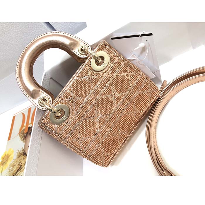 Dior Women CD Mini Lady Bag Caramel Beige Cannage Cotton Embroidered Micropearls