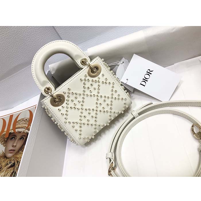 Dior Women CD Mini Lady Bag Latte Crinkle-Effect Lambskin White Resin Half-Pearl Cannage