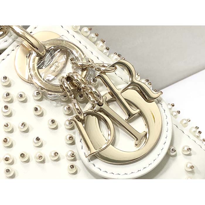 Dior Women CD Mini Lady Bag Latte Crinkle-Effect Lambskin White Resin Half-Pearl Cannage
