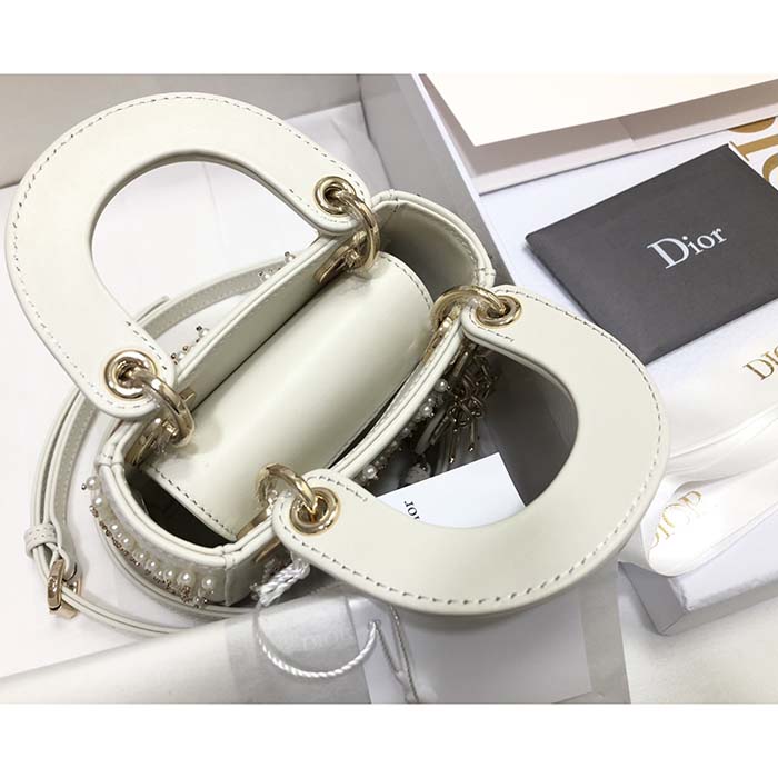 Dior Women CD Mini Lady Bag Latte Crinkle-Effect Lambskin White Resin Half-Pearl Cannage