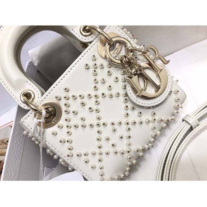 Dior Women CD Mini Lady Bag Latte Crinkle-Effect Lambskin White Resin Half-Pearl Cannage