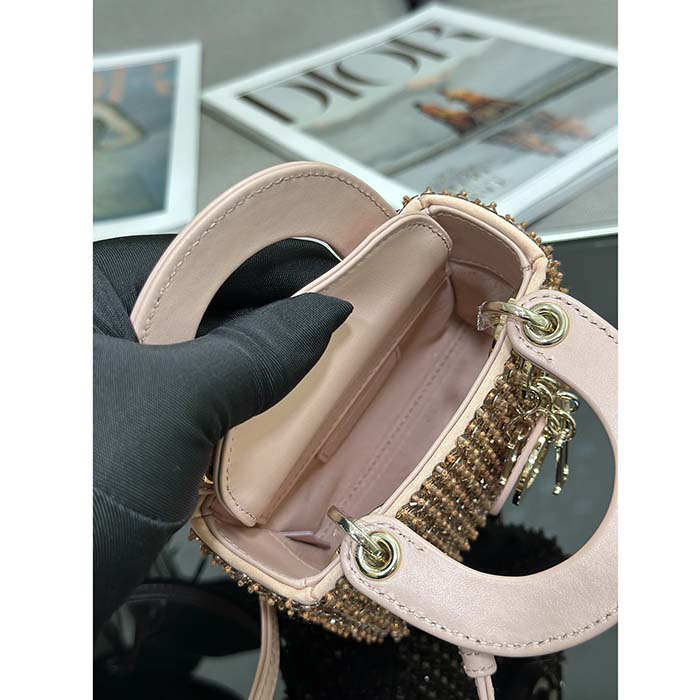 Dior Women CD Mini Lady Bag Square-Motif Embroidery Set Pink Strass White Round Beads