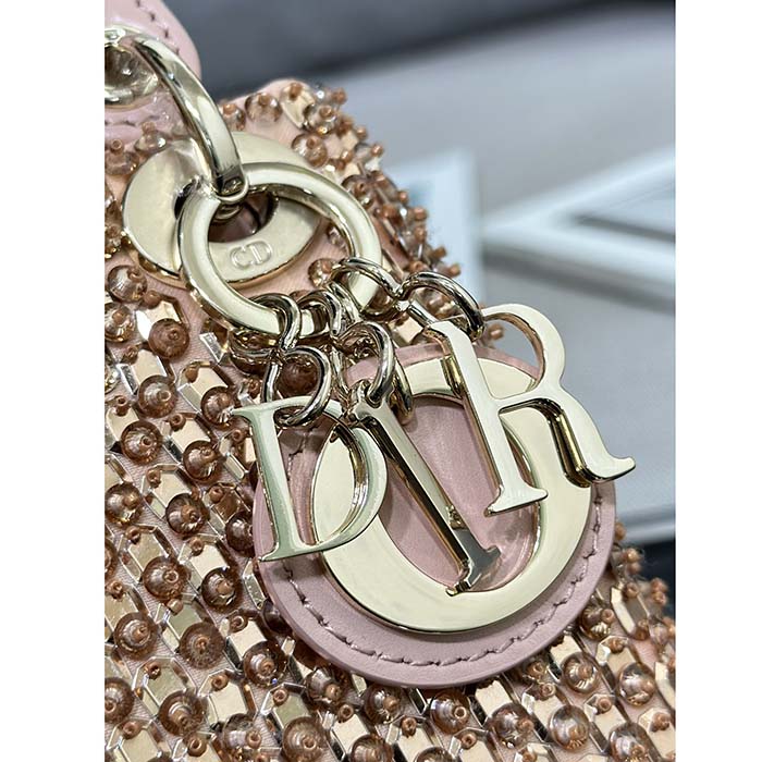 Dior Women CD Mini Lady Bag Square-Motif Embroidery Set Pink Strass White Round Beads