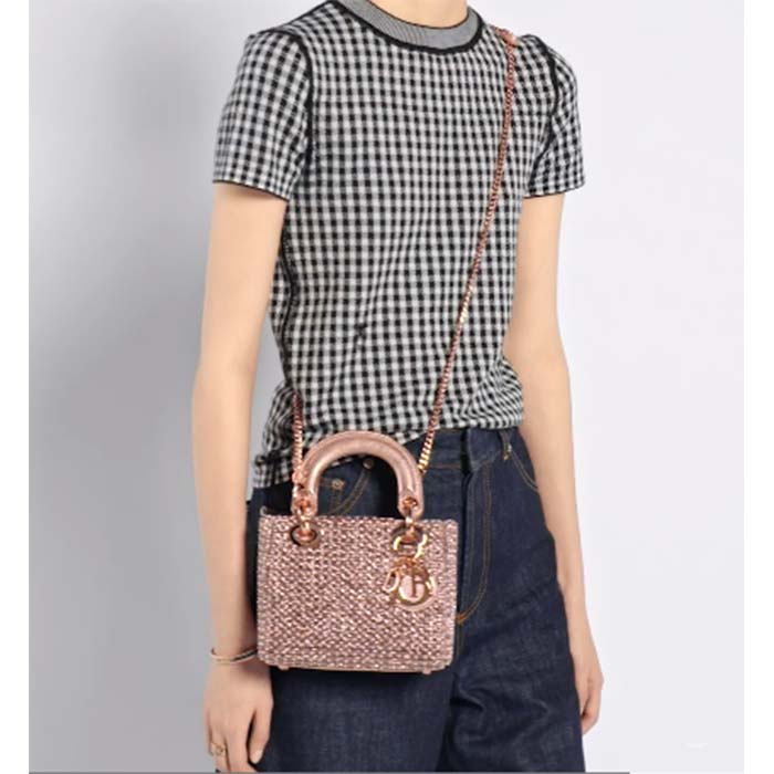 Dior Women CD Mini Lady Bag Square-Motif Embroidery Set Pink Strass White Round Beads